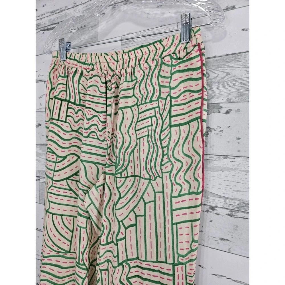 Zara Linen Blend Graffiti Print Pants Abstract Pockets Women Small Green Pink